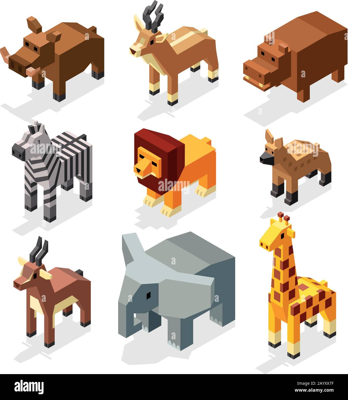 Isometrico 3d avana africana animali piatto vettore stock. Mammifero elefante africano e savana animale iena. Creatura fauna animale cervo animale nella savana area illustrazione Illustrazione Vettoriale