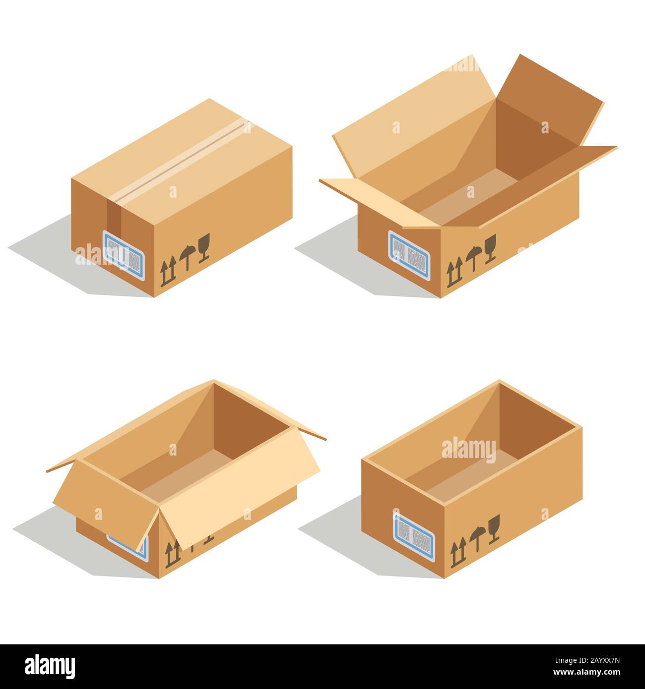 Scatole di cartone aperte e chiuse. Icone vettoriali isometriche 3D per magazzino e trasporto, illustrazione vettoriale Illustrazione Vettoriale