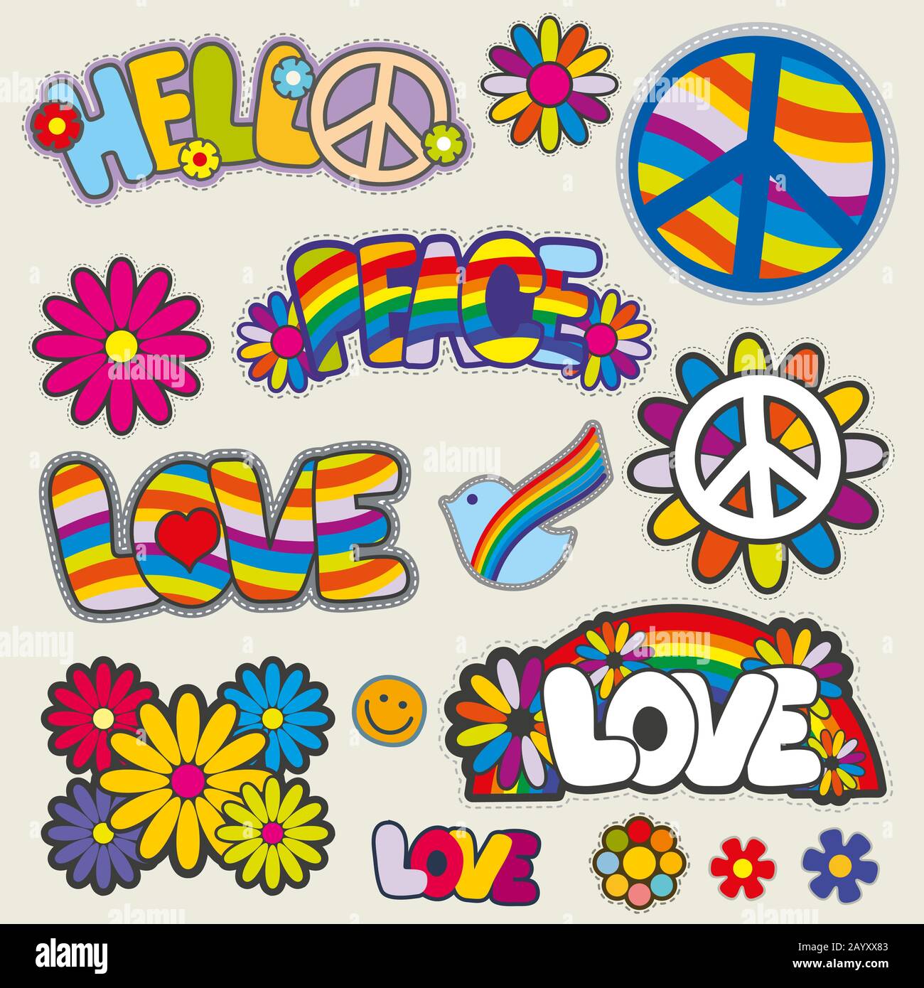 Retrò hippie patch emblemi vettoriali. Patch di amore e pace, insieme di illustrazioni per hippie Illustrazione Vettoriale