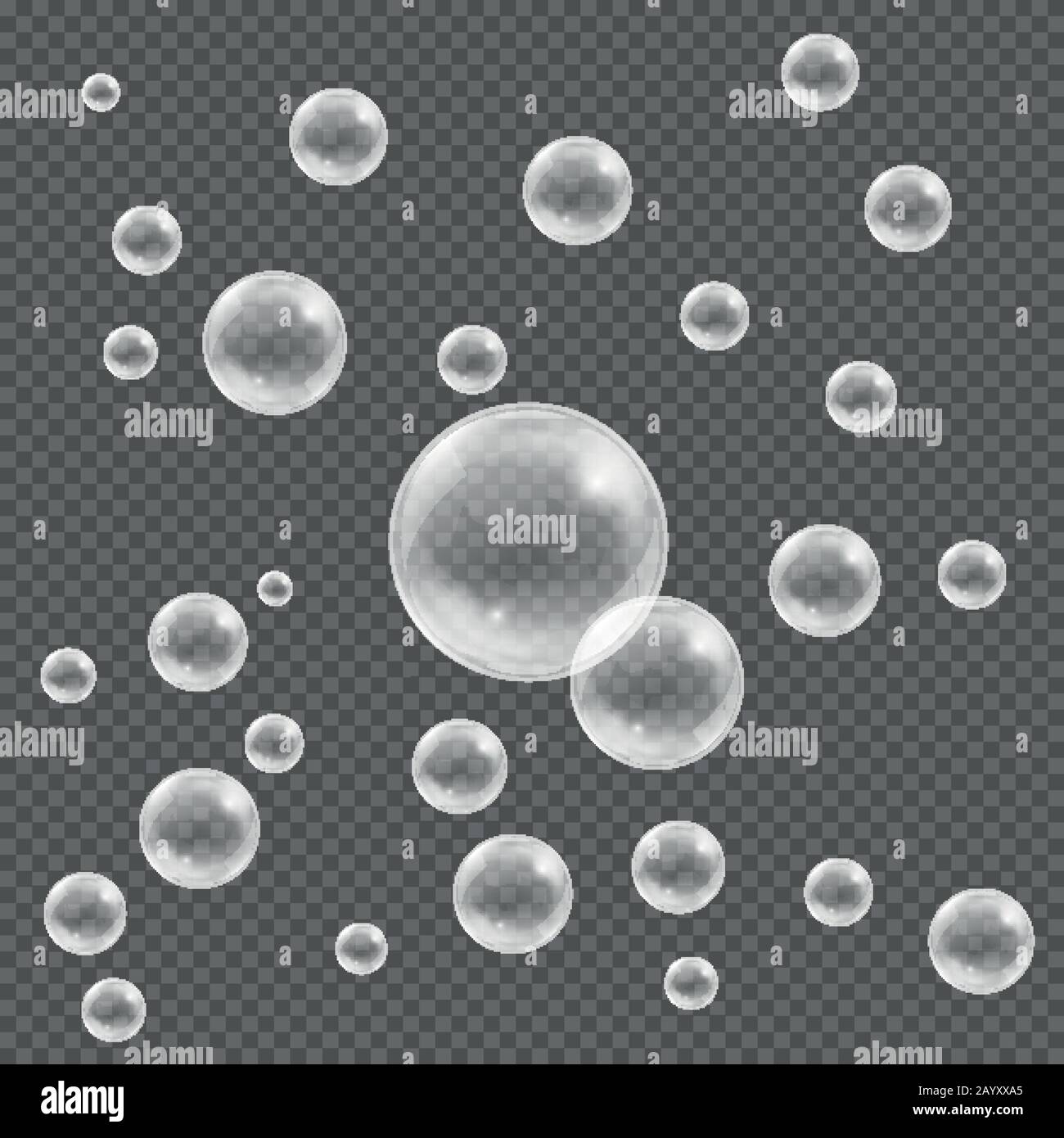 Set di vettori di bolle d'acqua di sapone realistiche bianche. Cupola lucida realistica e bolla d'acqua traslucida Illustrazione Vettoriale