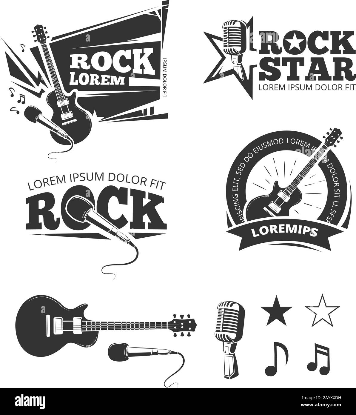 Negozio di musica rock, studio di registrazione, karaoke club etichette vettoriali, distintivi, emblemi logo con strumento musicale. Illustrazione di chitarra e microfono Illustrazione Vettoriale