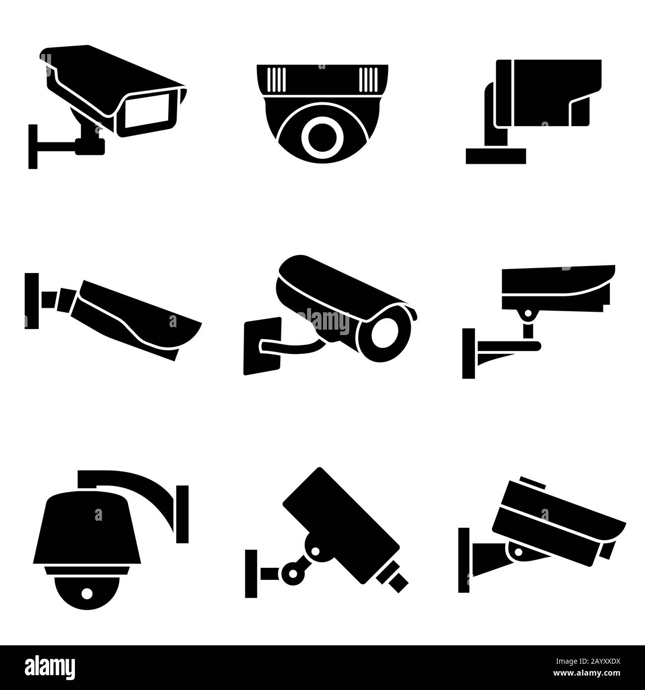 Telecamere di sicurezza per videosorveglianza, icone vettoriali CCTV. Telecamera di sorveglianza per segnali di sicurezza e protezione Illustrazione Vettoriale
