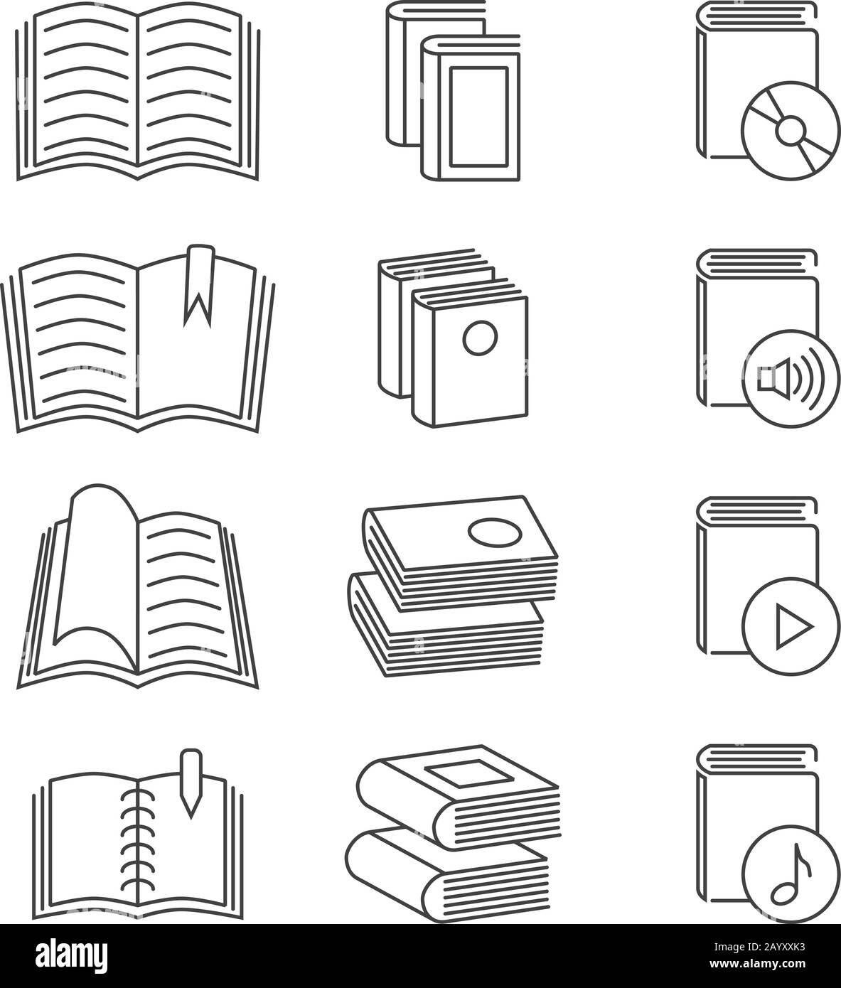 Set di icone vettoriali sottili per linee di libri. Libro di media di formazione e illustrazione di informazioni del libro di innovazione Illustrazione Vettoriale