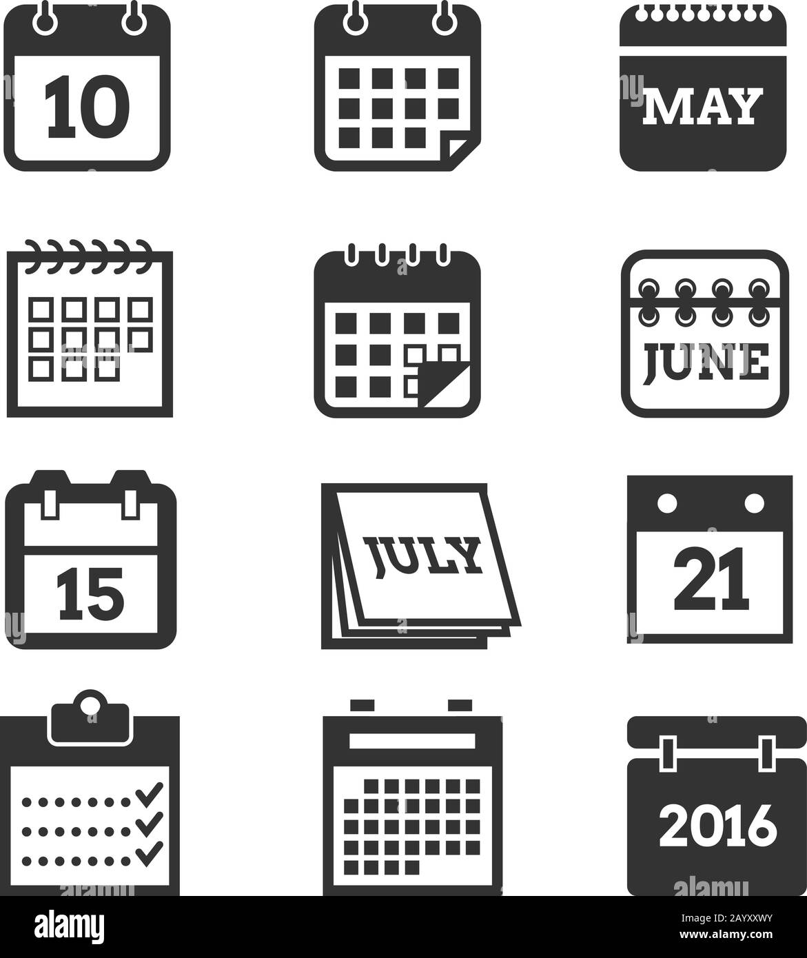 Set di icone del vettore del calendario. Simbolo della pagina del calendario e calendari con illustrazioni dei pittogrammi dell'elemento Illustrazione Vettoriale