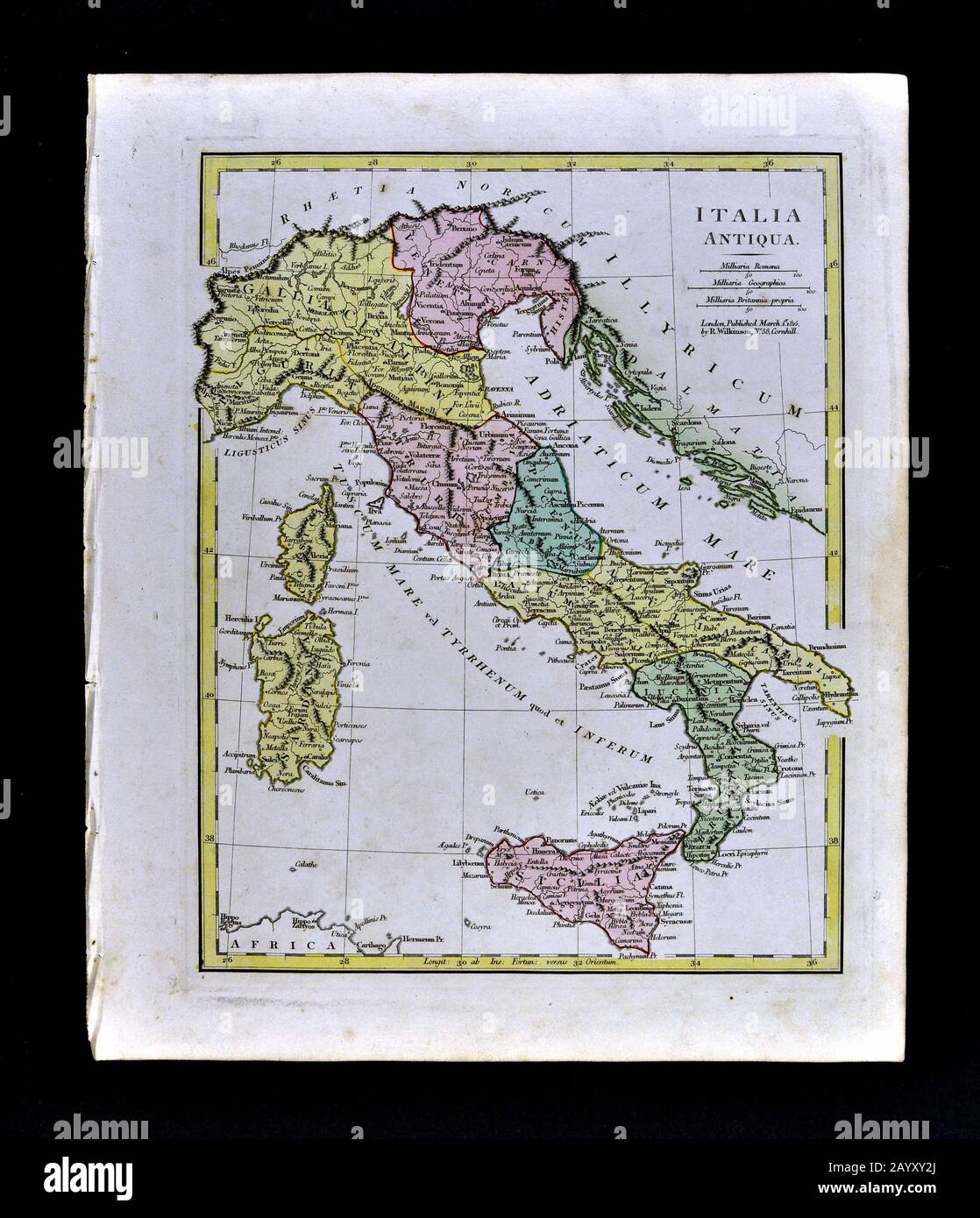 1808 Wilkinson Mappa Italia Antica - Italia Antiqua Roma Venezia Firenze Sicilia Napoli Foto Stock