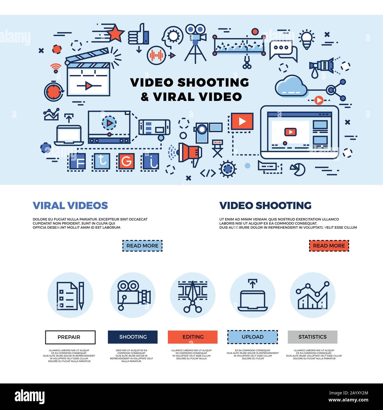 VIRALE video marketing, film-making, TV professionale produzione vettore web design sito. Realizzazione e promozione della tecnologia video. Concetto internet video multimedia business illustrazione Illustrazione Vettoriale