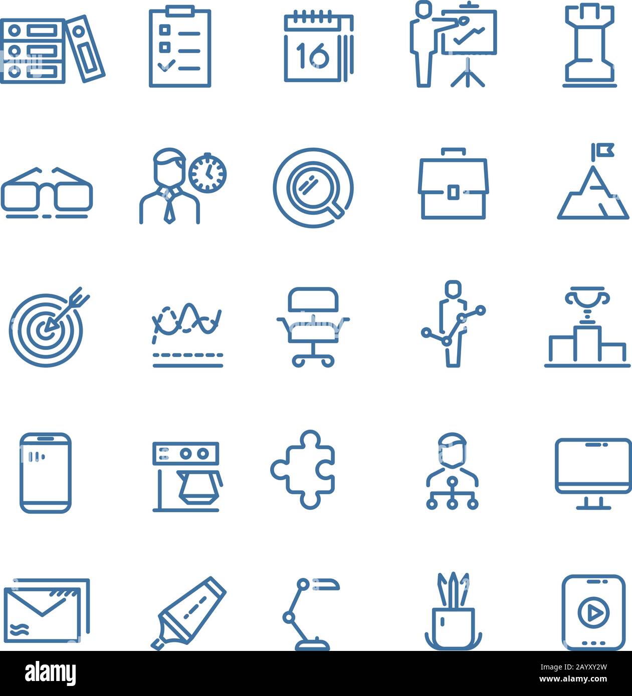 Indicatori lineari di produttività e gestione del tempo, programmi di lavoro e icone della linea sottile del vettore di pianificazione aziendale Illustrazione Vettoriale