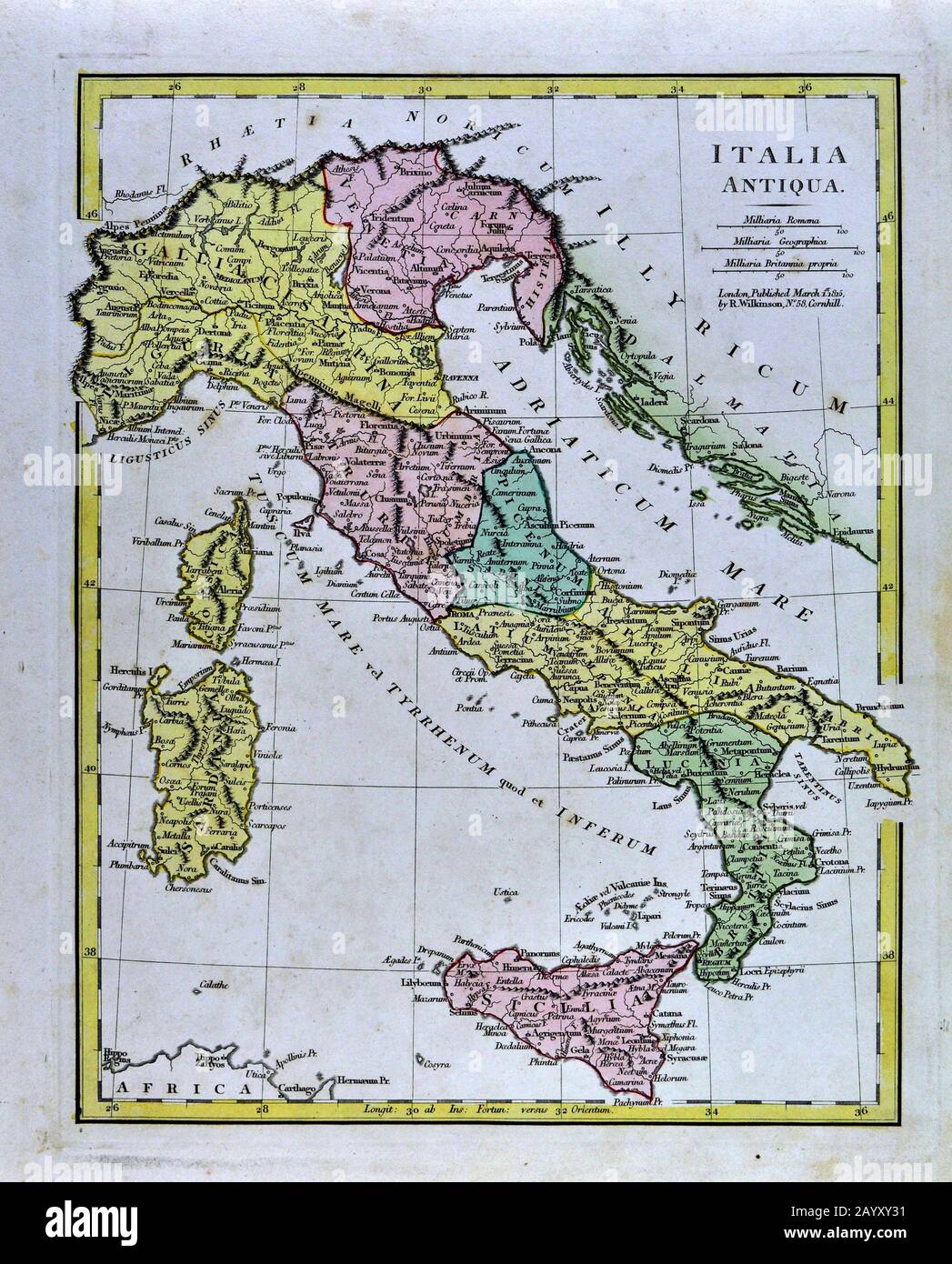 1808 Wilkinson Mappa Italia Antica - Italia Antiqua Roma Venezia Firenze Sicilia Napoli Foto Stock