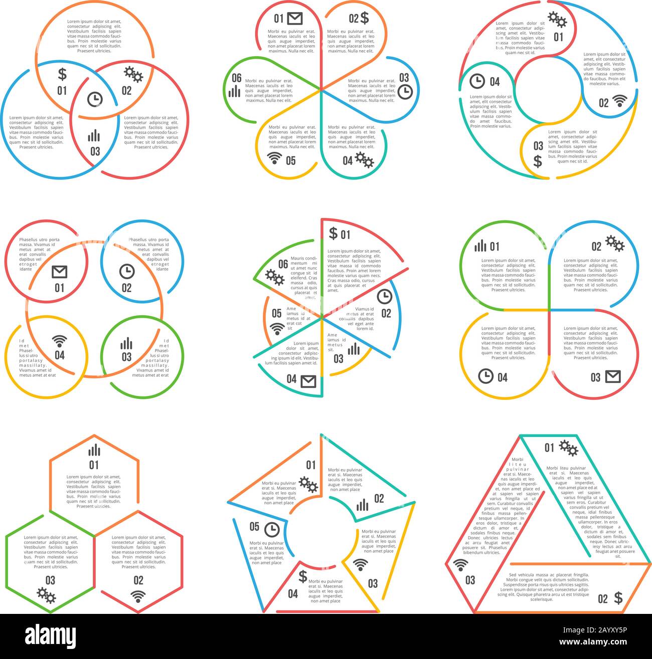 Linee vettoriali circolari, triangolari, esagonali, pentagonali infografiche grafici grafici grafici con 3, 4, 5, 6 opzioni, parti, passi. Illustrazione infografica lineare per il business Illustrazione Vettoriale