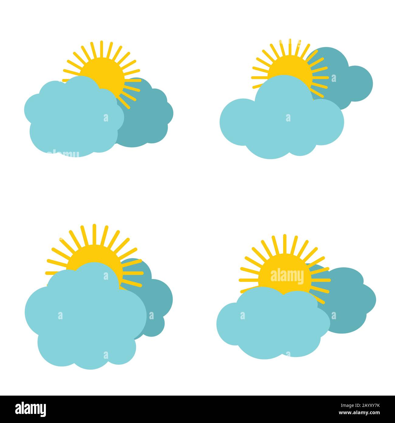 Icone nuvola con sole su sfondo bianco. Meteorologia e rappresentazione vettoriale torbida Illustrazione Vettoriale