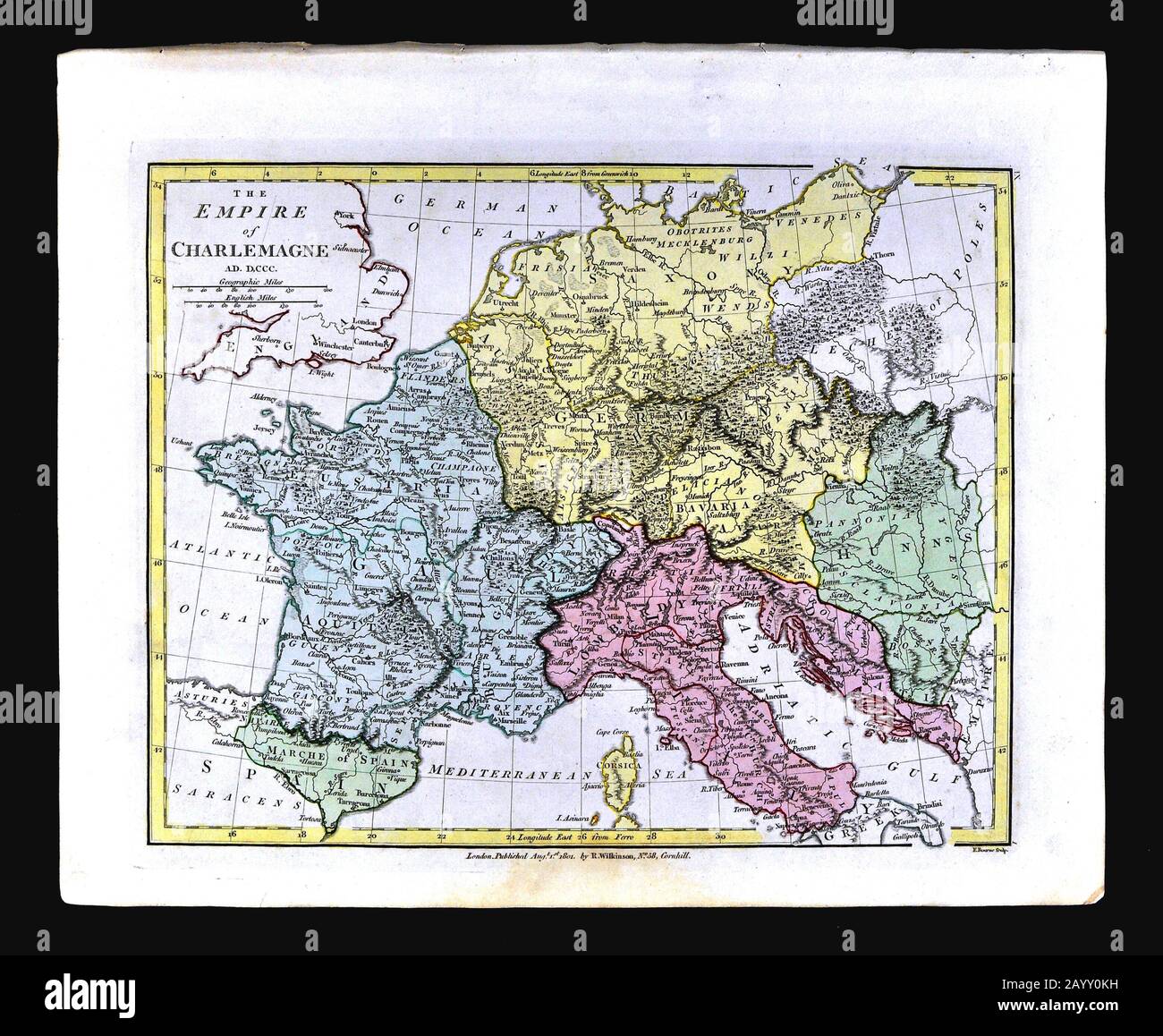 1808 Wilkinson Mappa Impero di Carlo Magno nel 800 d.C. Europa Francia Germania Italia Foto Stock