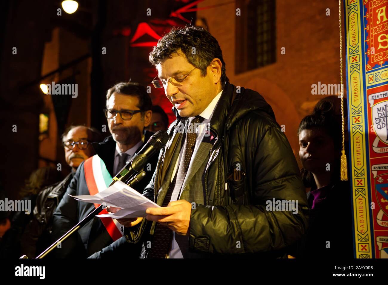 Bologna, Italia. 17th Feb, 2020. Il "magnifico Rettore" dell'Università di Bologna Francesco Ubertini durante il suo discorso di fine marzo contro la detenzione dello studente egiziano dell'Università di Bologna Patrick Zaky, il 17 febbraio 2020 a Bologna, Italia. Credit: Massimiliano Donati/Alamy Live News Foto Stock