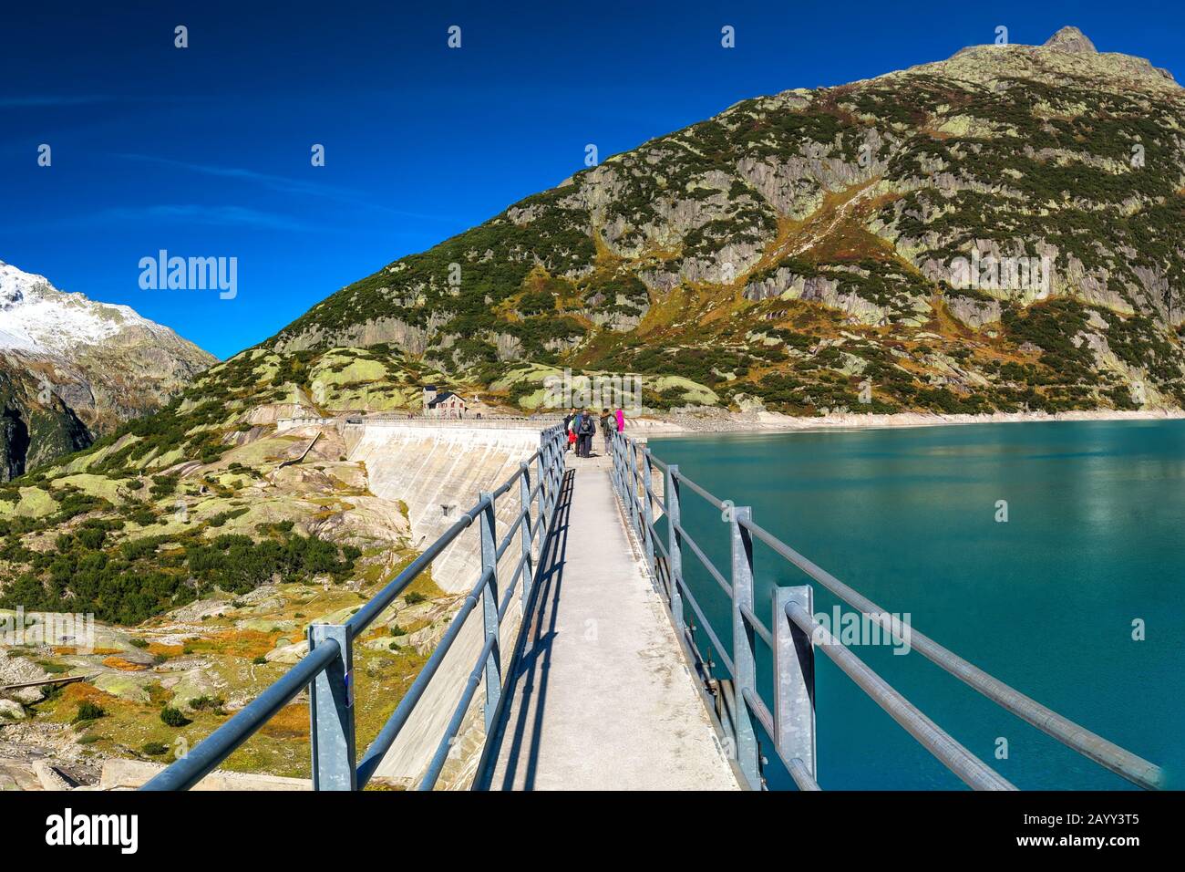 Lago Gelmer vicino al passo Grimsel nelle Alpi svizzere, Gelmersee, Svizzera, Oberland Bernese, Svizzera. Foto Stock