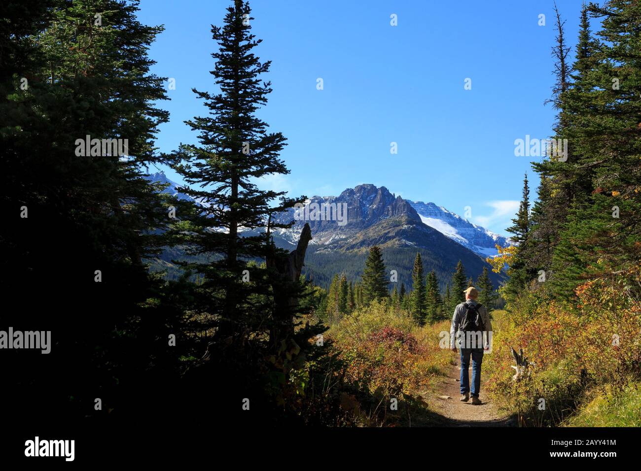 Hiker Su Due Medicine Lake Trail, Eastside Del Glacier National Park, Montana. Foto Stock