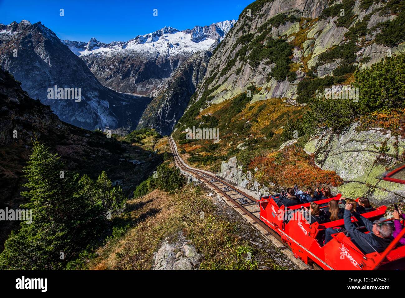 HANDEGG, SVIZZERA - Ottobre 2019 - Gelmerbahn vicino al passo Grimsel nelle Alpi svizzere, Gelmersee, Svizzera, Oberland bernese, Svizzera. Foto Stock
