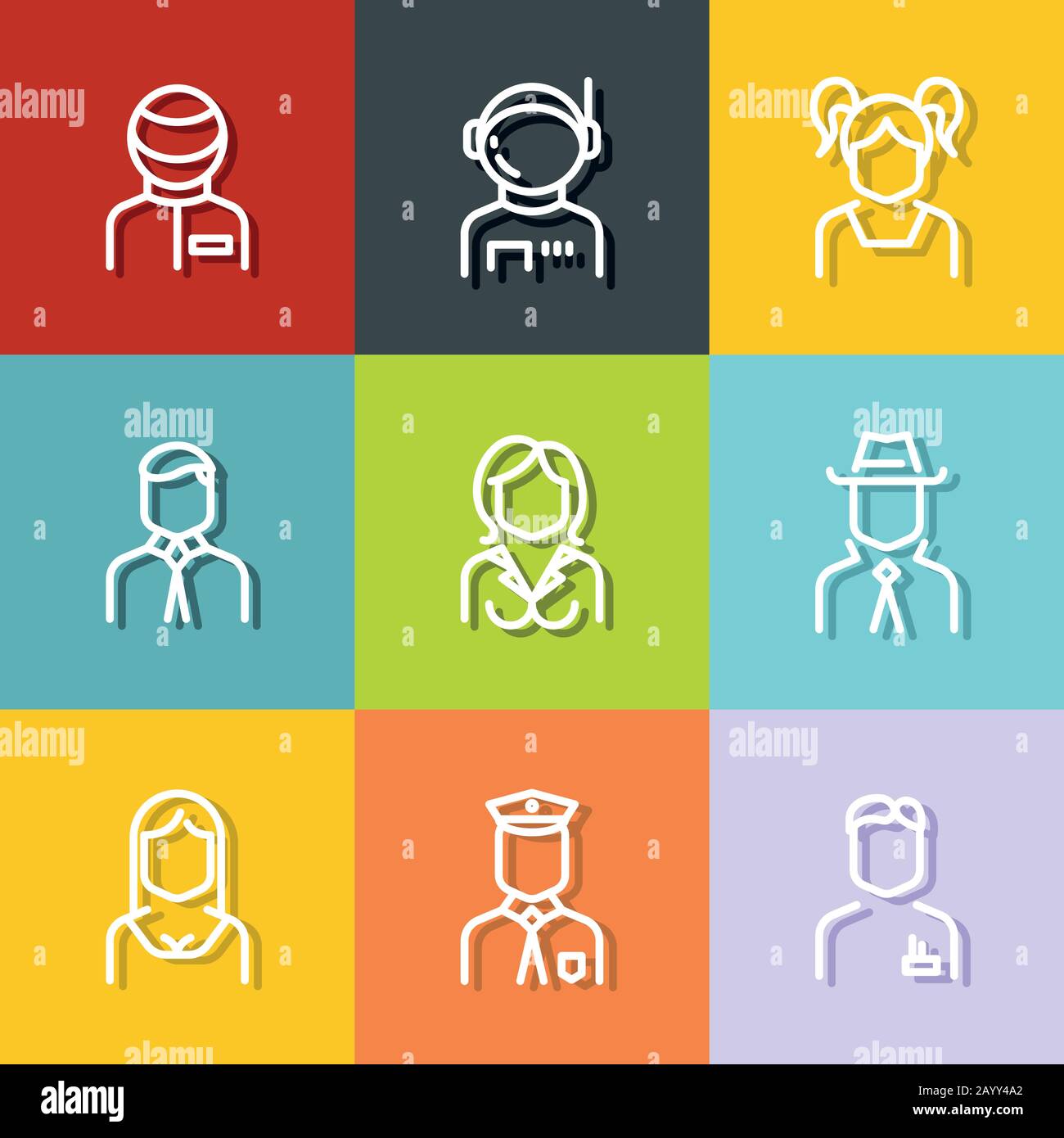 Persone avatar, personaggi personale, professioni in stile di linea su sfondo a colori. Illustrazione del vettore Illustrazione Vettoriale