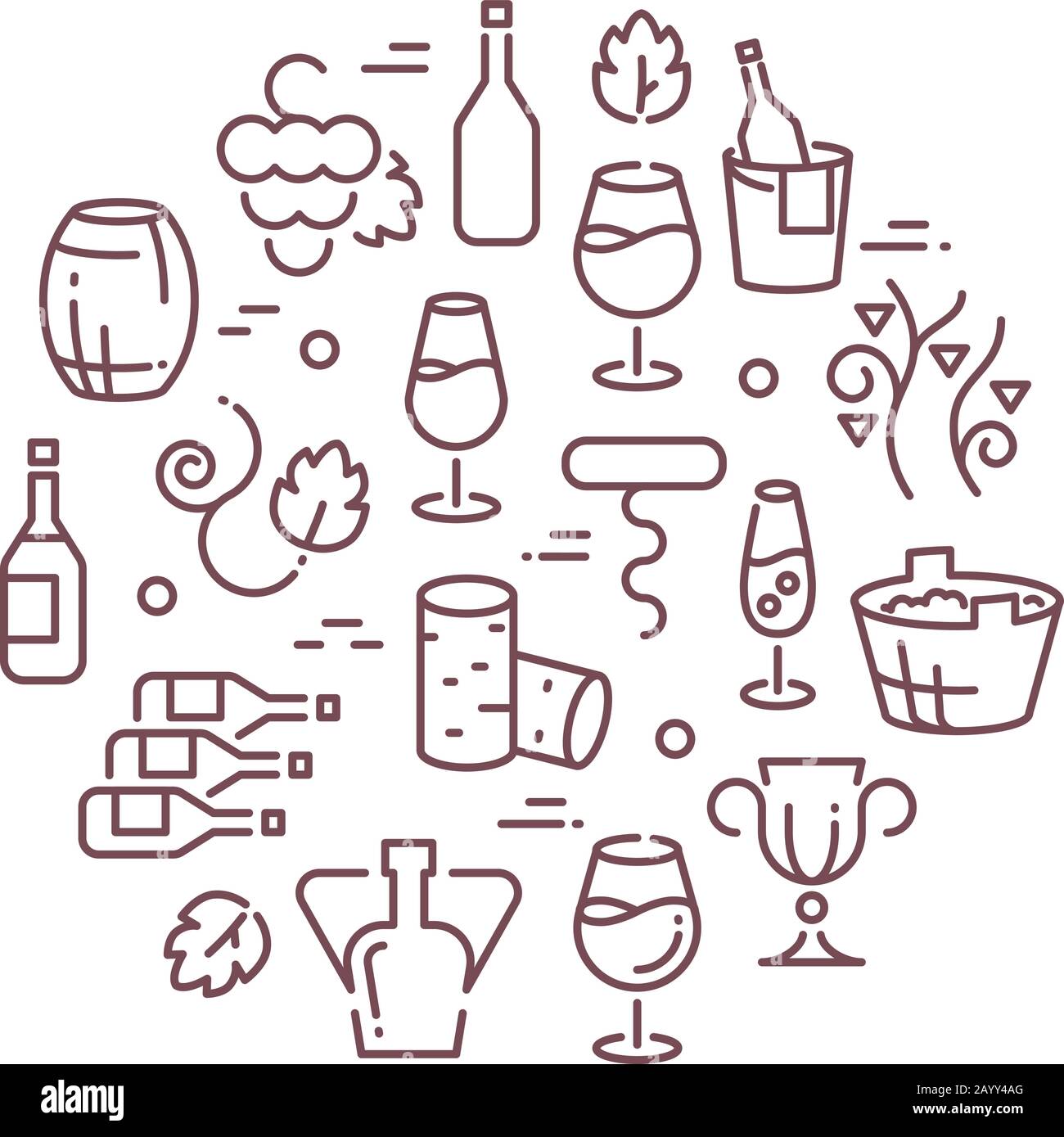 Logo Wine Vector con icone di contorno. Contorno logo con vino, illustrazione bottiglia di vino e accessori Illustrazione Vettoriale