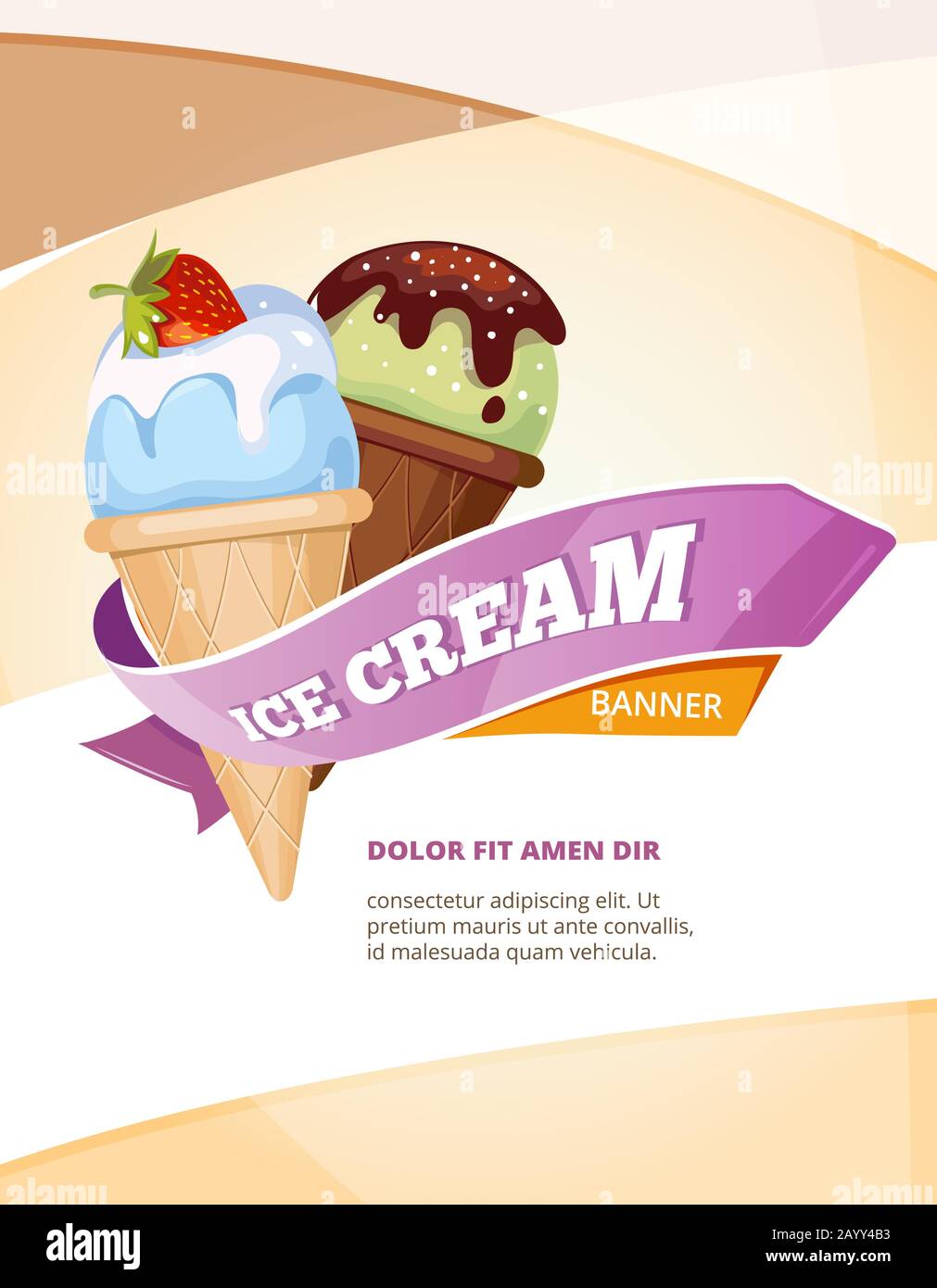 Delizioso modello di poster vintage vettore gelato. Banner con gelato, carta per illustrazioni per gelato al caffè Illustrazione Vettoriale
