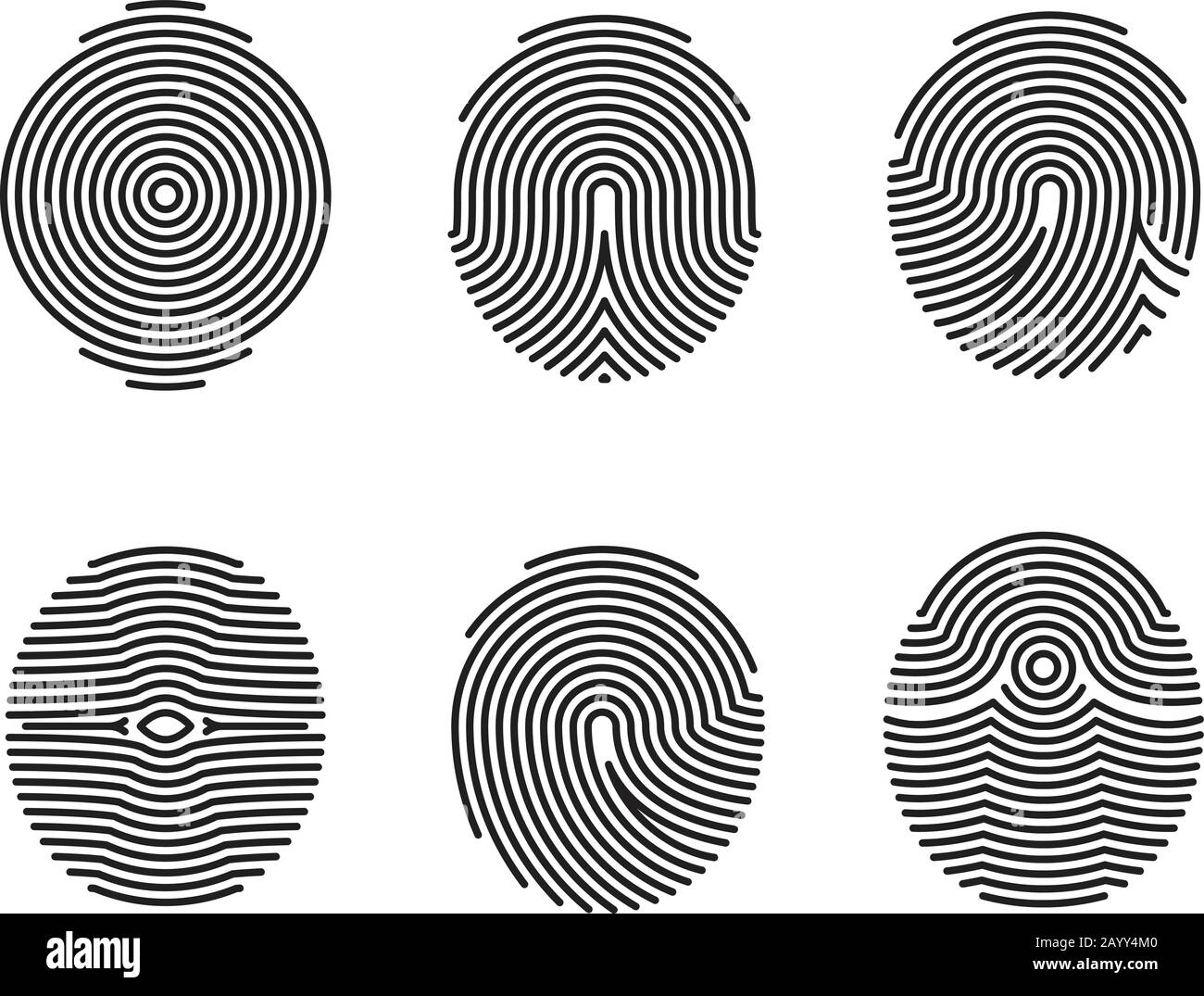 Set di icone vettoriali per impronte digitali. Impronte digitali pattern per la sicurezza, insieme di immagini di impronte digitali per la persona di identità Illustrazione Vettoriale