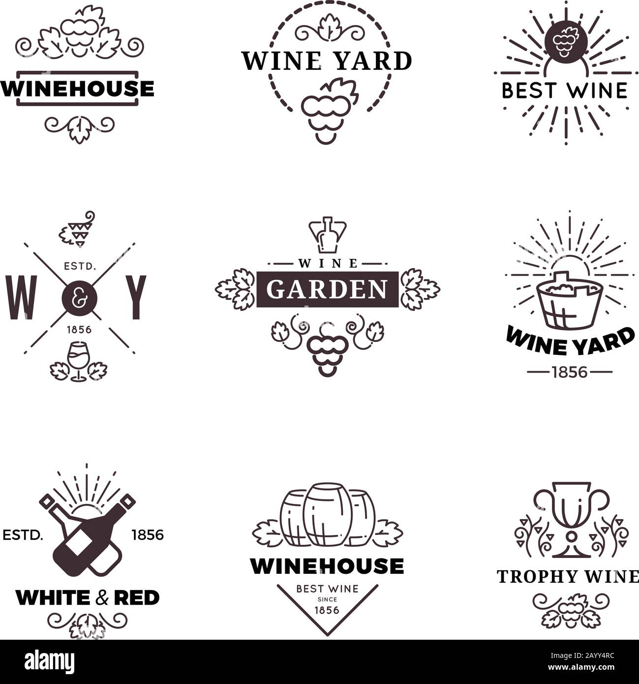 Etichette, loghi, emblemi e uva da vino hippster. Illustrazione del vettore Illustrazione Vettoriale