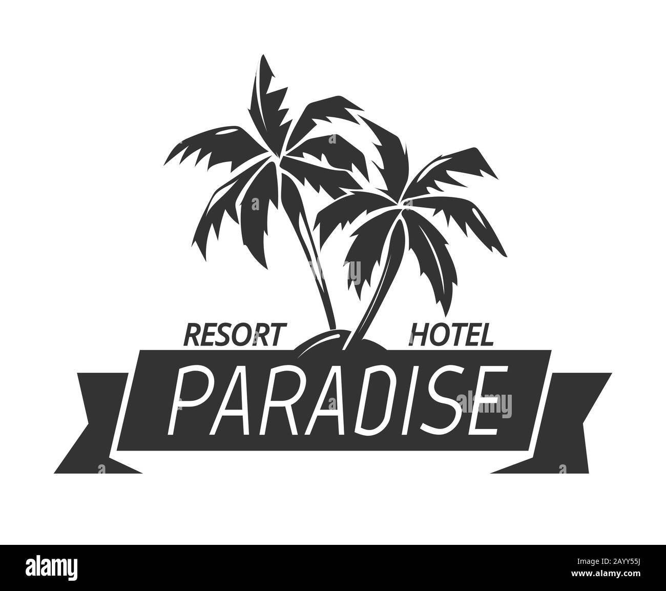 Logo Paradise Island resort hotel. Illustrazione tropicale e vettore isola estiva Illustrazione Vettoriale