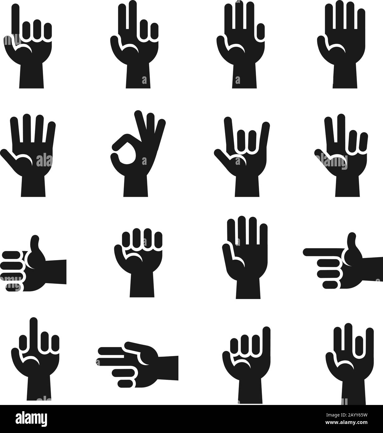 Le icone delle mani impostano il conteggio delle dita, il gesto di arresto, le corna del diavolo, OK, v segno vettore impostato. Mano umana e gesto di comunicazione con illustrazione della mano Illustrazione Vettoriale