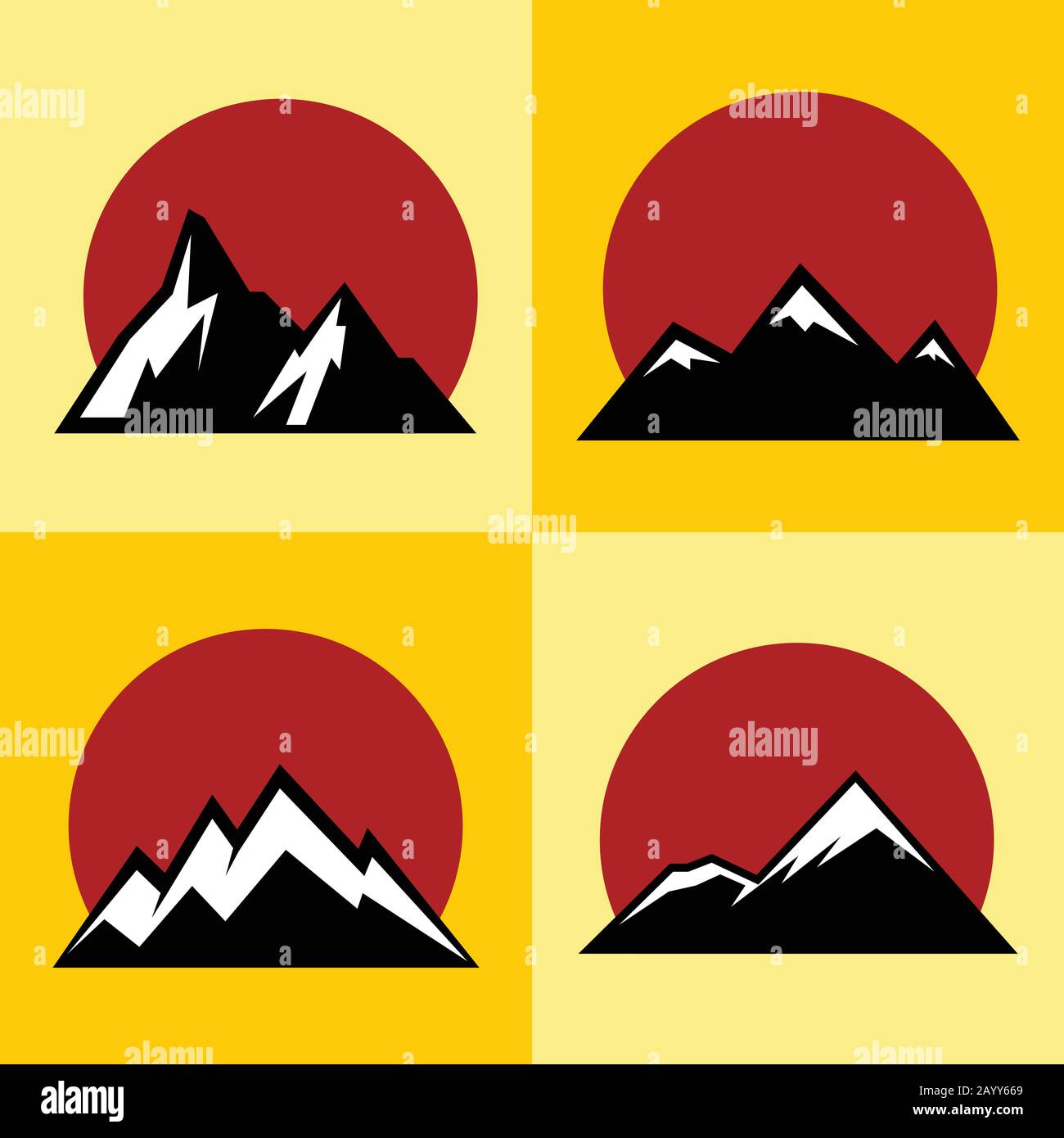 Icone piatte di montagna con sole rosso su sfondo giallo. Logo turismo e alpinismo, illustrazione vettoriale Illustrazione Vettoriale
