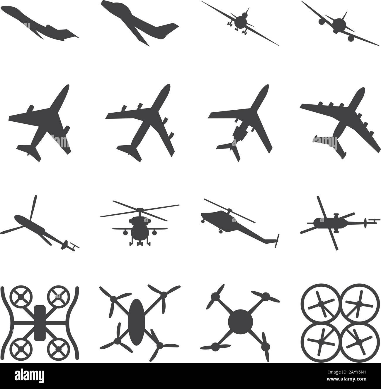 Aerei, elicotteri, droni icone vettoriali nere. Set di aerei quadrocopte e elicottero. Illustrazione di aerei militari Illustrazione Vettoriale