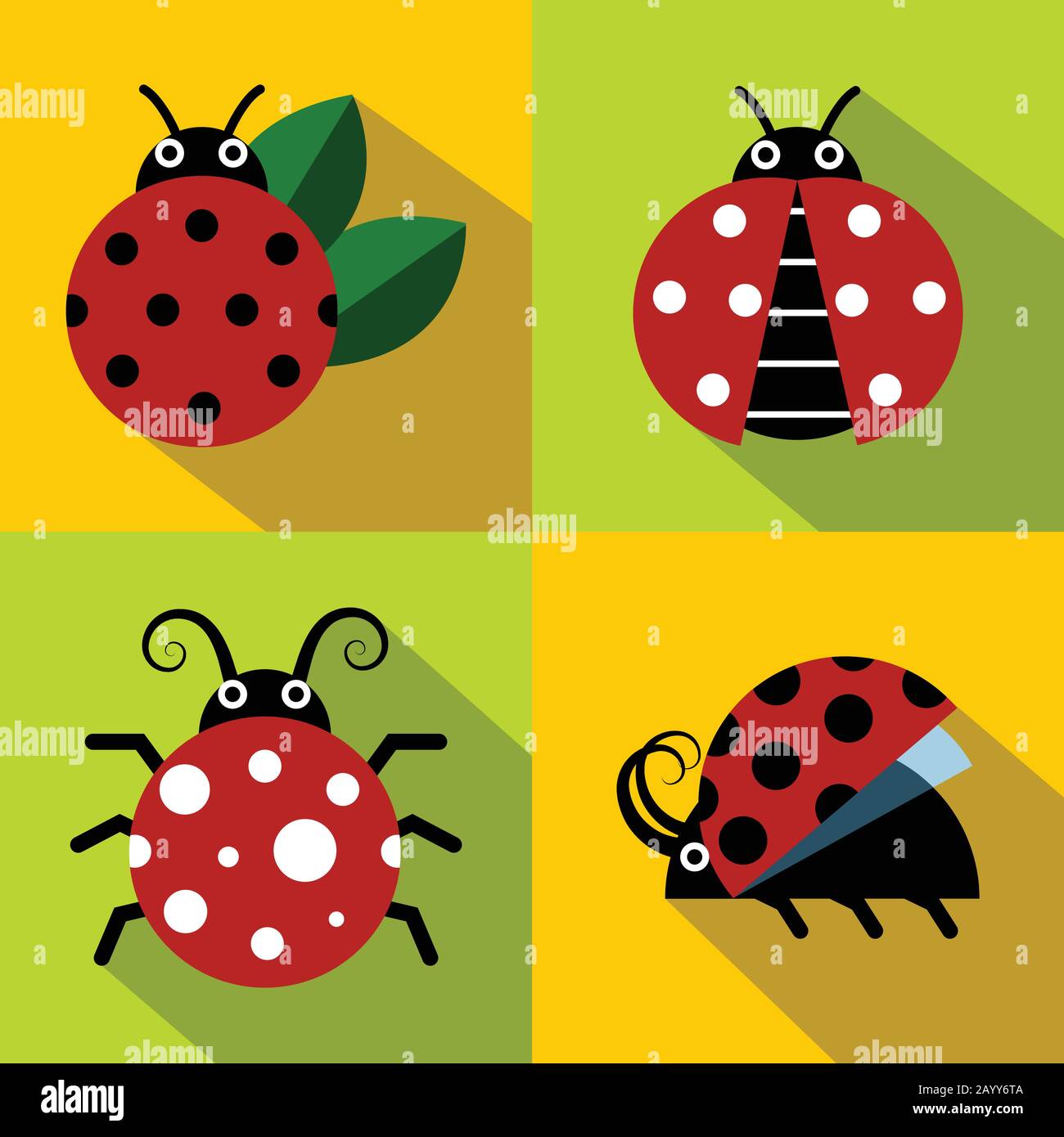 Icone Ladybug in stile piatto su sfondo a colori. Set di insetti, illustrazione vettoriale Illustrazione Vettoriale