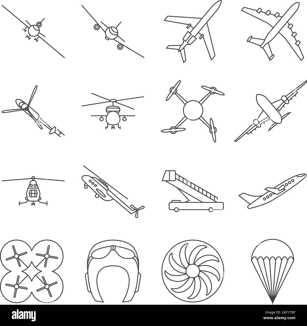 Set di icone vettoriali per aviazione a linee sottili. Aereo in stile lineare, illustrazione di aerei di trasporto aereo e elicottero Illustrazione Vettoriale