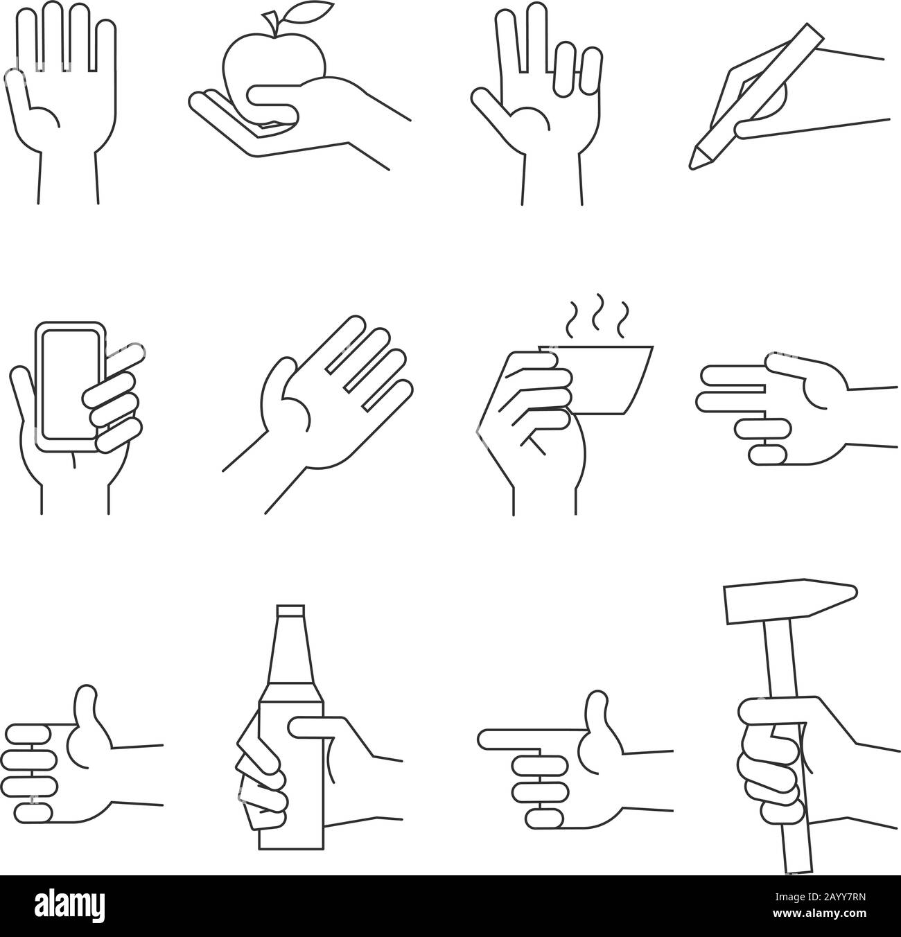 Icone delle mani con strumenti e altri oggetti. Dispositivo di tenuta manuale e set di mani con oggetto. Illustrazione del vettore Illustrazione Vettoriale