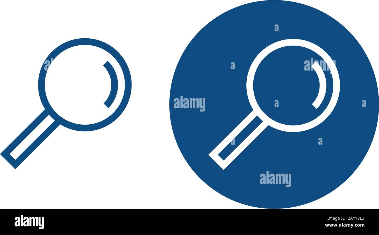 Simbolo di ricerca con lente di ingrandimento. Opzione in un cerchio e senza di esso. Icone blu vettoriali. Illustrazione Vettoriale