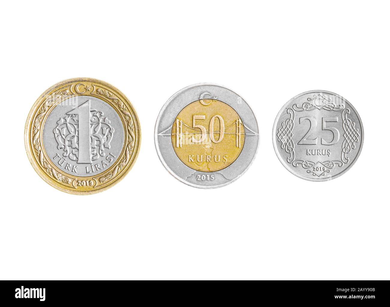 Collezione di monete Lira Turca isolata su sfondo bianco. Foto Stock