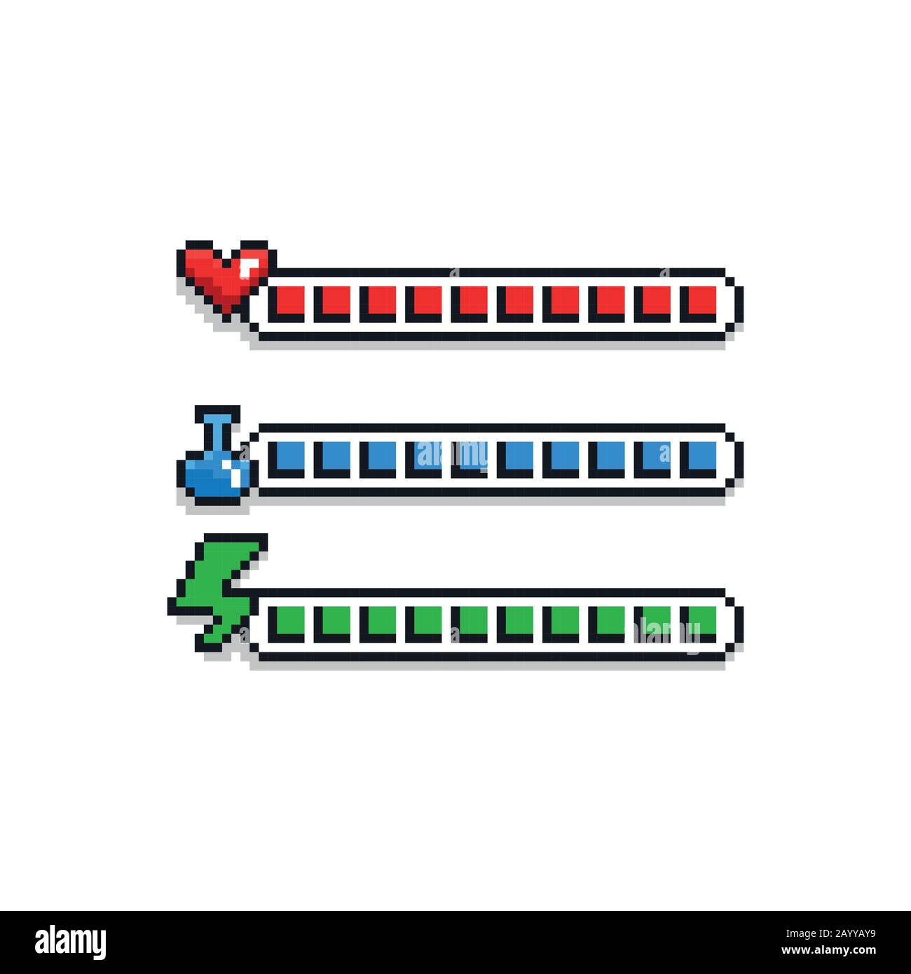 Set di interfaccia per il design dei giochi in stile retrò a 8 bit pixel art - indicatore di salute rosso con cuore, etichetta blu mana con pozione e barra di caricamento dell'energia verde - Illustrazione Vettoriale