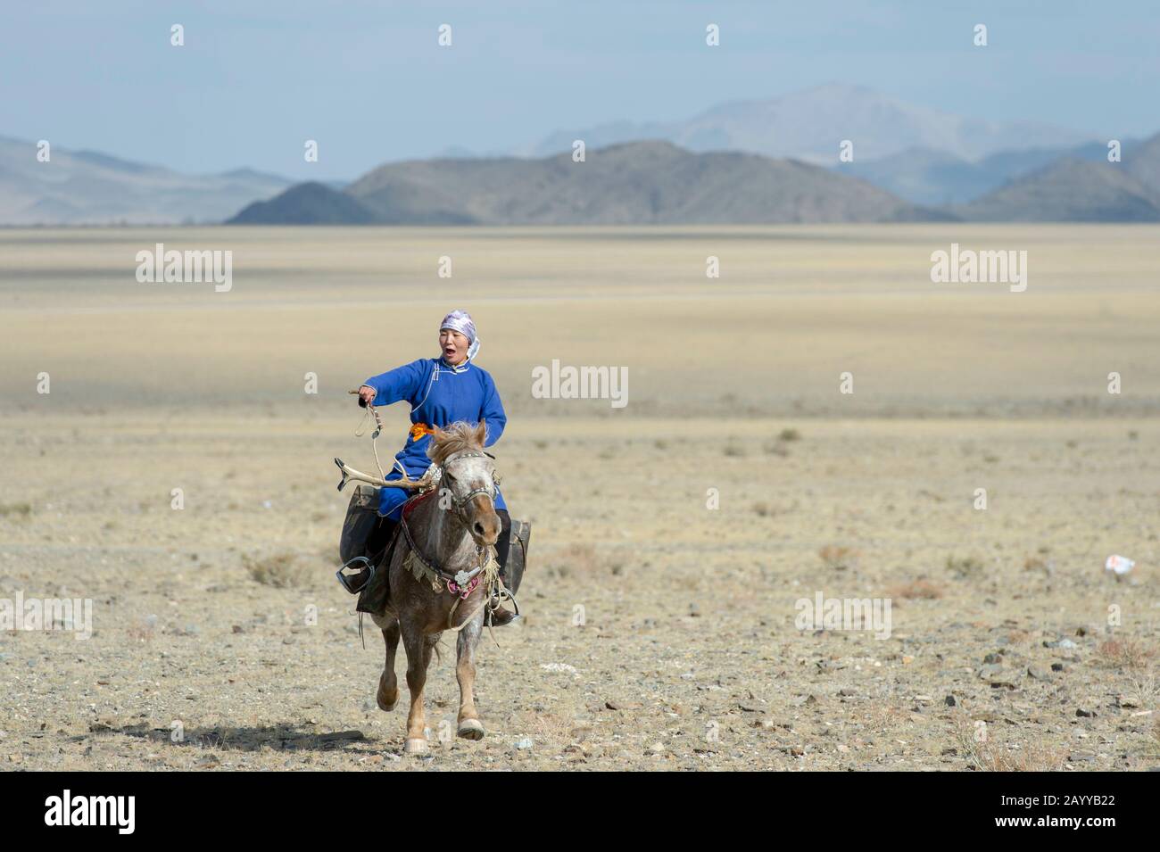Una donna mongola che gallica su un cavallo al Festival dell'Aquila d'oro nei pressi della città di Ulgii (Ölgii) nella provincia di Bayan-Ulgii Foto Stock