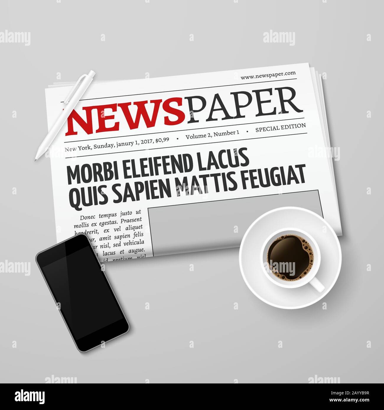 News Vector Concept con quotidiano, teglia, caffè e smartphone. Illustrazione della bevanda mattutina e della bevanda Illustrazione Vettoriale