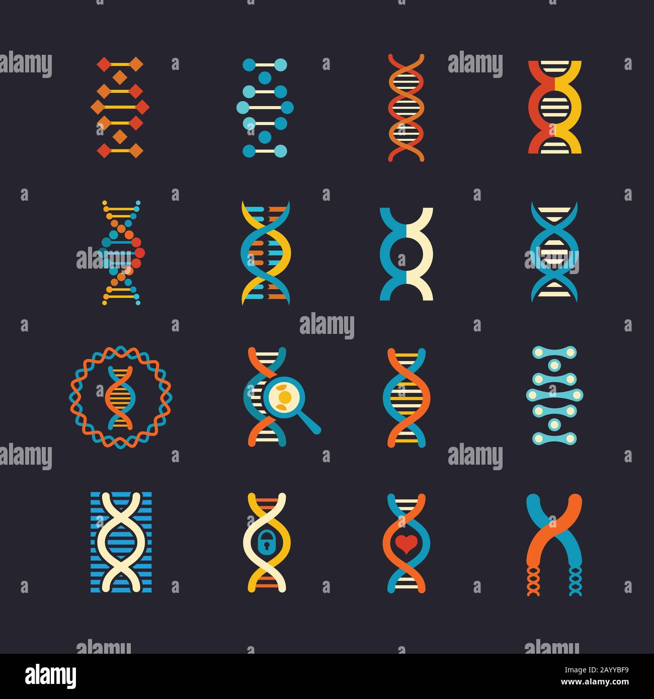 Set di icone piatte per vettori genetici DNA. Segno della biotecnologia del DNA, illustrazione della molecola di dna della struttura Illustrazione Vettoriale