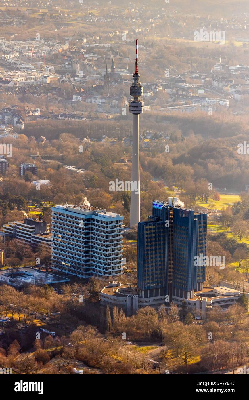 Foto aerea, torre florian in Westfalenpark, Westnetz, grattacielo, Dortmund, zona Ruhr, Renania Settentrionale-Vestfalia, Germania, DE, Europa, vista degli uccelli, Foto Stock