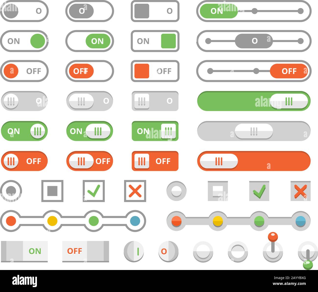 Interruttori a levetta on e off, elementi del vettore di interfaccia utente. Set di cursore e illustrazione dei pulsanti Illustrazione Vettoriale