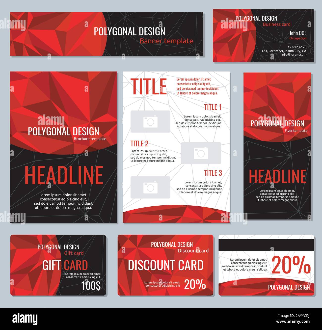 Identità aziendale Red banner poligonali e volantini, brochure vettoriali e buoni regalo, illustrazione di biglietti da visita Illustrazione Vettoriale