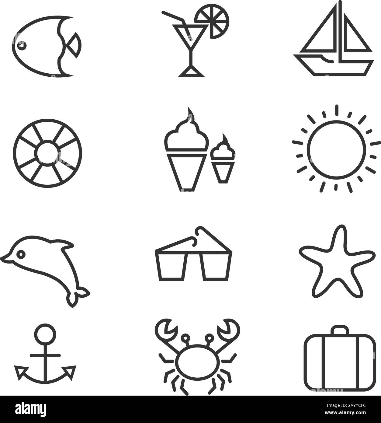 Vacanze estive, spiaggia tropicale sottile vettore icone linea. Cocktail estivo e set di icone estive, granchio dei delfini e illustrazione del sole Illustrazione Vettoriale