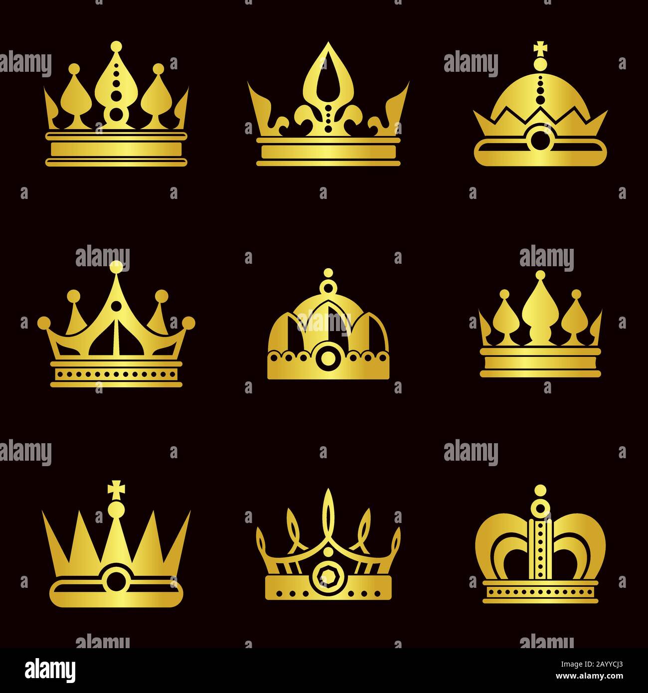 Immagine vettoriale Golden Crown Set su sfondo scuro Illustrazione Vettoriale