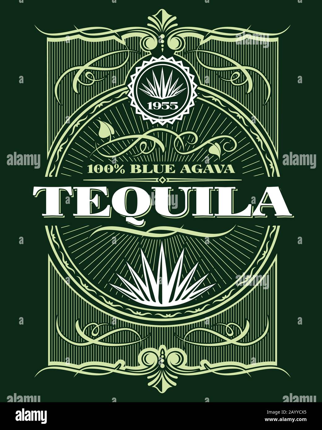 Etichetta per bottiglie vettoriali per bevande tequila e alcol vintage. Adesivo o poster per tequila timple Illustrazione Vettoriale