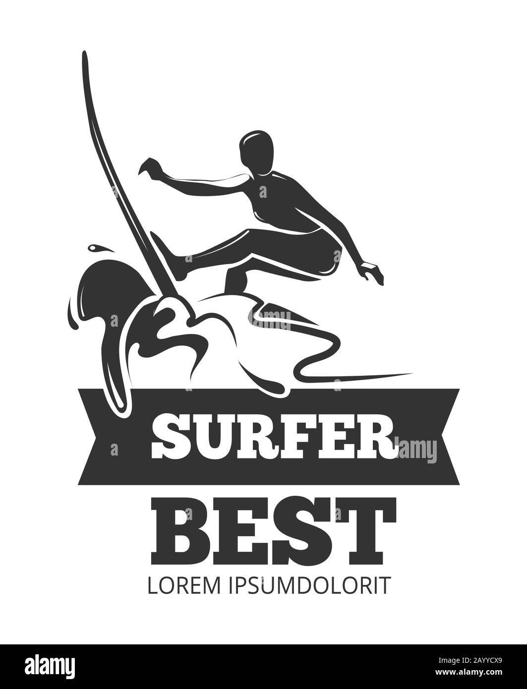 Logo surf con surfer sopra la tavola. Simbolo estremo in acqua di mare, illustrazione vettoriale Illustrazione Vettoriale
