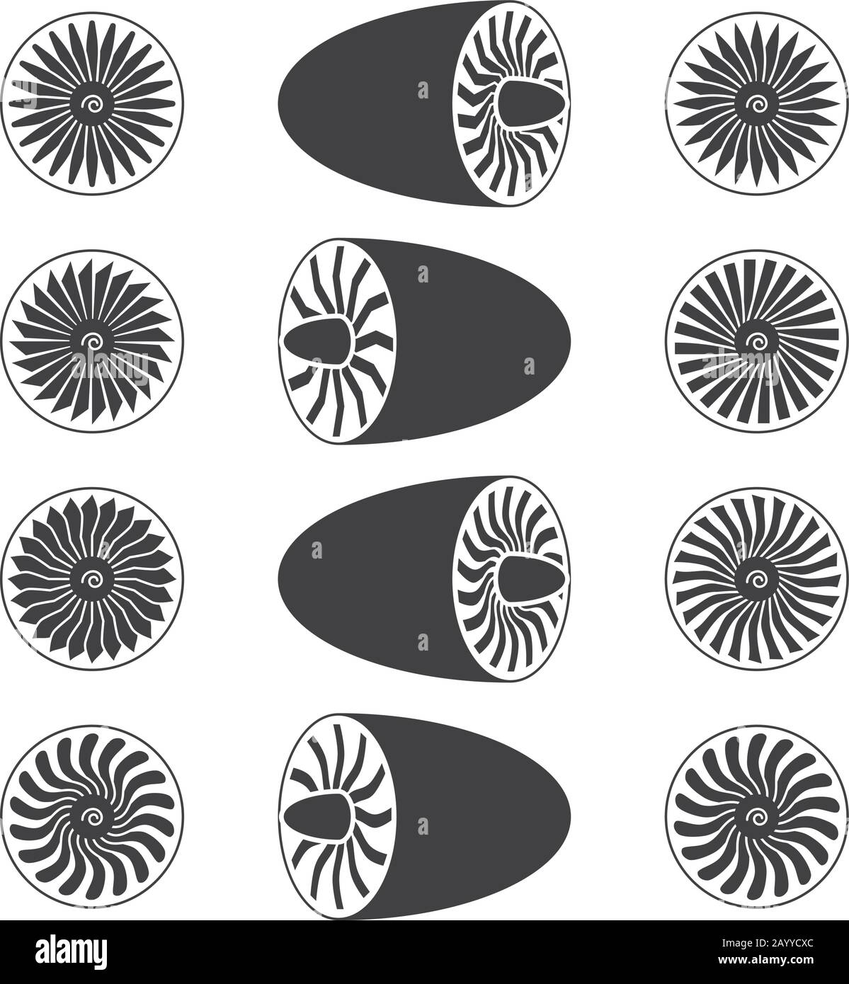 Turbine a motore per aeromobili, pale di turbine, icone vettoriali illustrazione Illustrazione Vettoriale