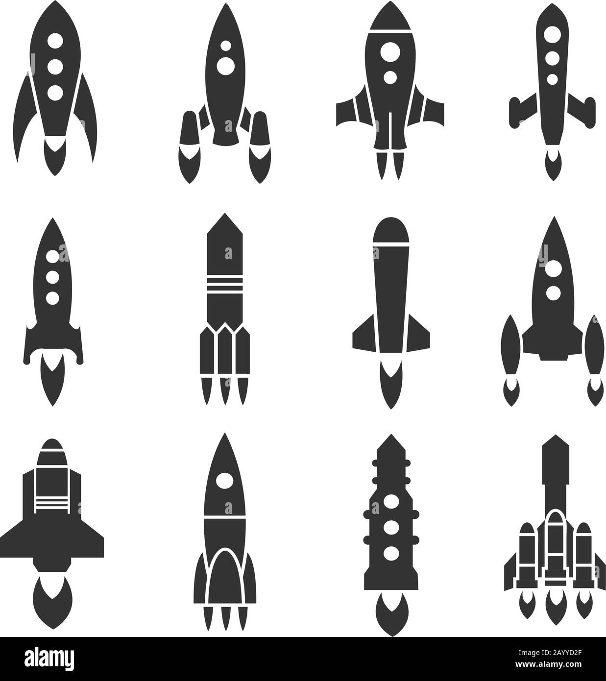 Razzo, astronave, navicella spaziale, icone vettore di lancio navetta. Serie di rucola di velocità e illustrazione di veicolo spaziale di rucola Illustrazione Vettoriale