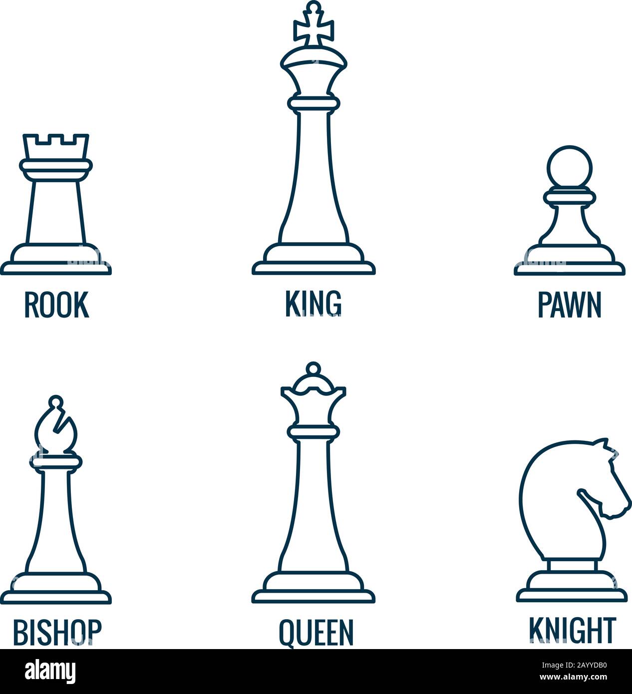 Pezzi di scacchi in icone vettoriali a linee sottili, re e regina, vescovo e rook, cavaliere e pedina. Set di figure per scacchi e illustrazione di pezzi di scacchi Illustrazione Vettoriale