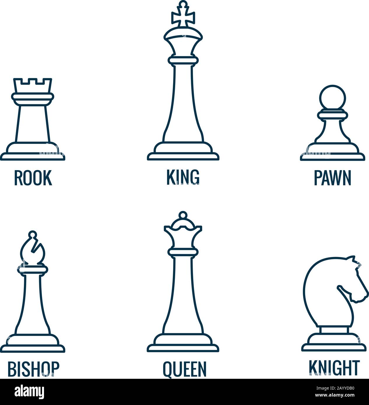 Pezzi di scacchi in icone vettoriali a linee sottili, re e regina, vescovo e rook, cavaliere e pedina. Set di figure per scacchi e illustrazione di pezzi di scacchi Illustrazione Vettoriale