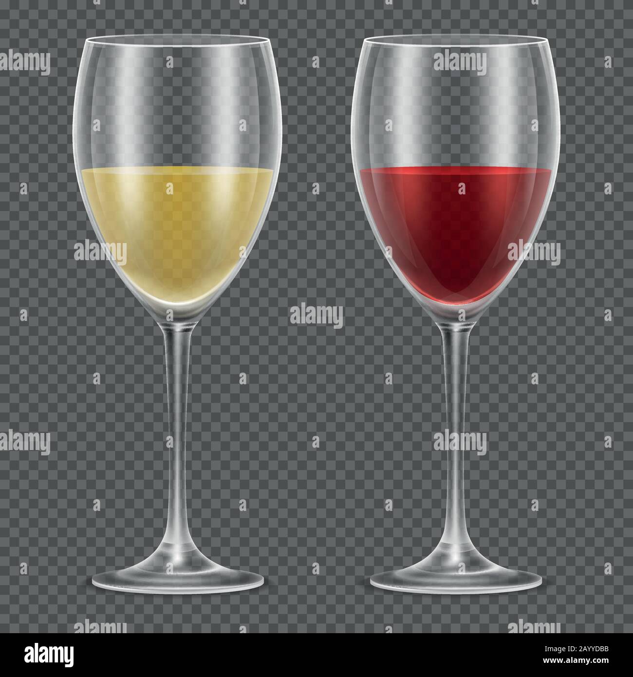 Realistiche vineglassi vettoriali con vino rosso e bianco su fondo a scacchi. Illustrazione del vino in vetro Illustrazione Vettoriale