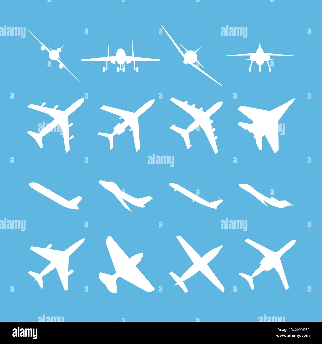 Icone vettori aerei differenti. Set di silhouette bianche su sfondo blu. Illustrazione del vettore di trasporto aereo Illustrazione Vettoriale